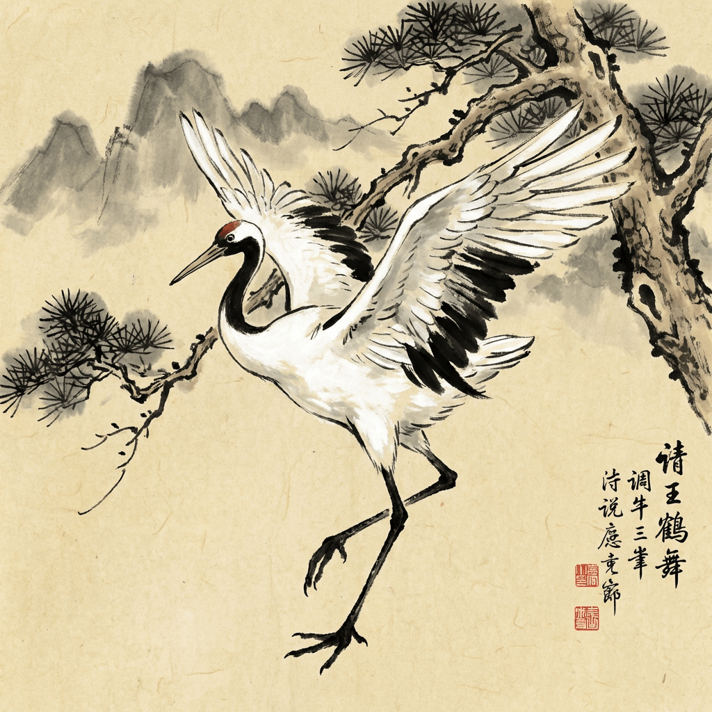Red-crowned crane dancing near a pine tree in a traditional ink wash landscape.