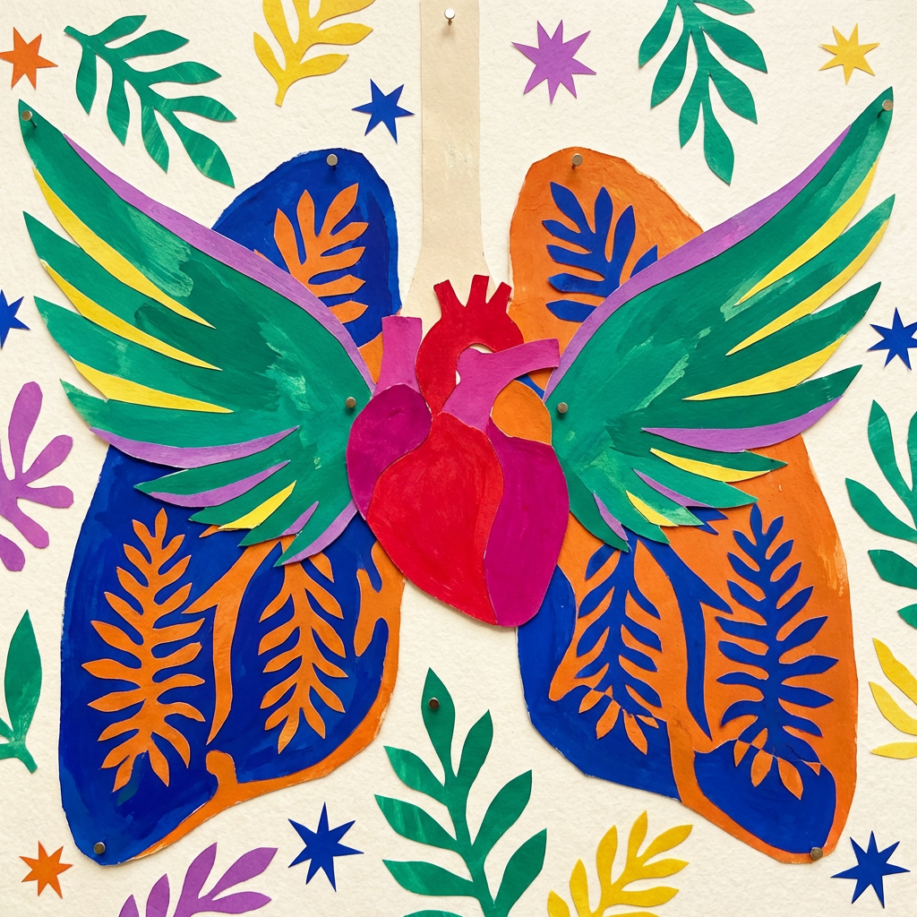 Colorful paper collage of a heart and lungs surrounded by botanical and star cutouts.