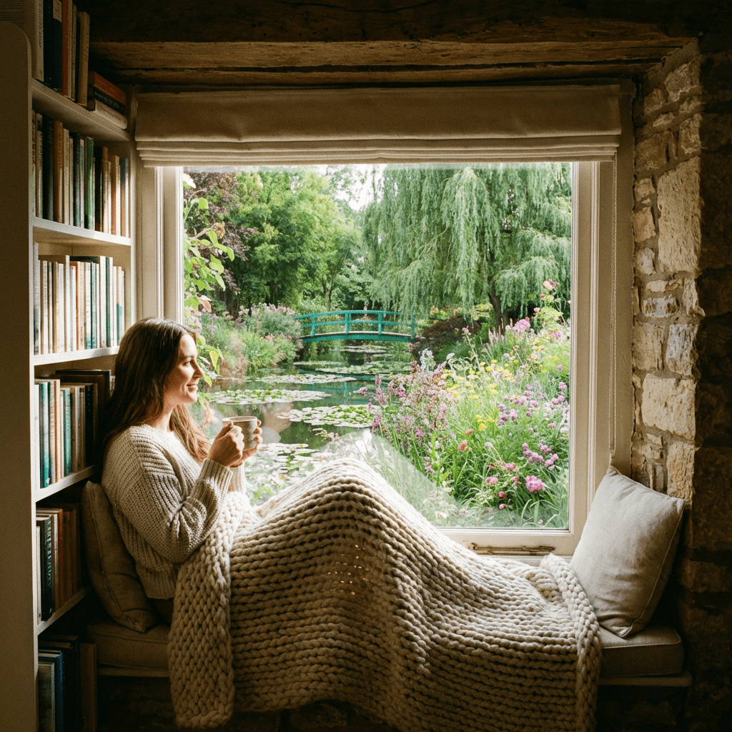 A woman sits in a cozy window nook, looking out at a lush garden pond.