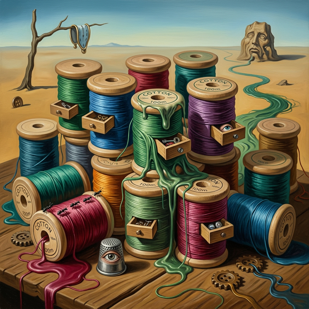 Multiple colorful cotton thread spools on wooden table with thimble and buttons