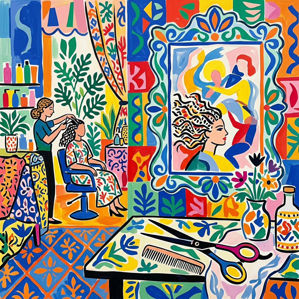 Hairdresser styling a seated client's hair in a vibrant, patterned salon with scissors on a table.